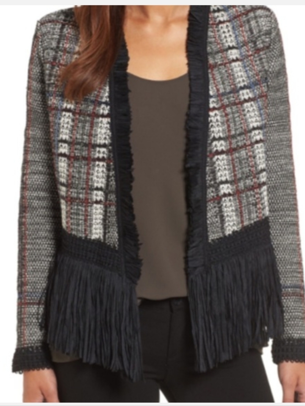 NIC+ZOE Black, White & Red Plaid Fringe Jacket_Small